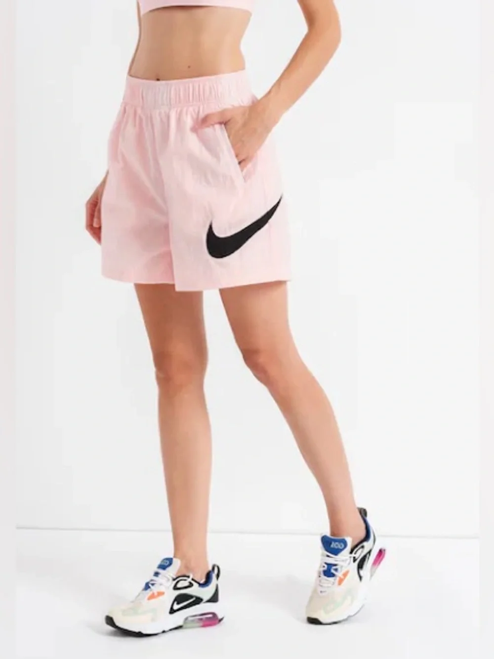 Nike MEDIUM high rise clash black swoosh light pink pocketed shorts